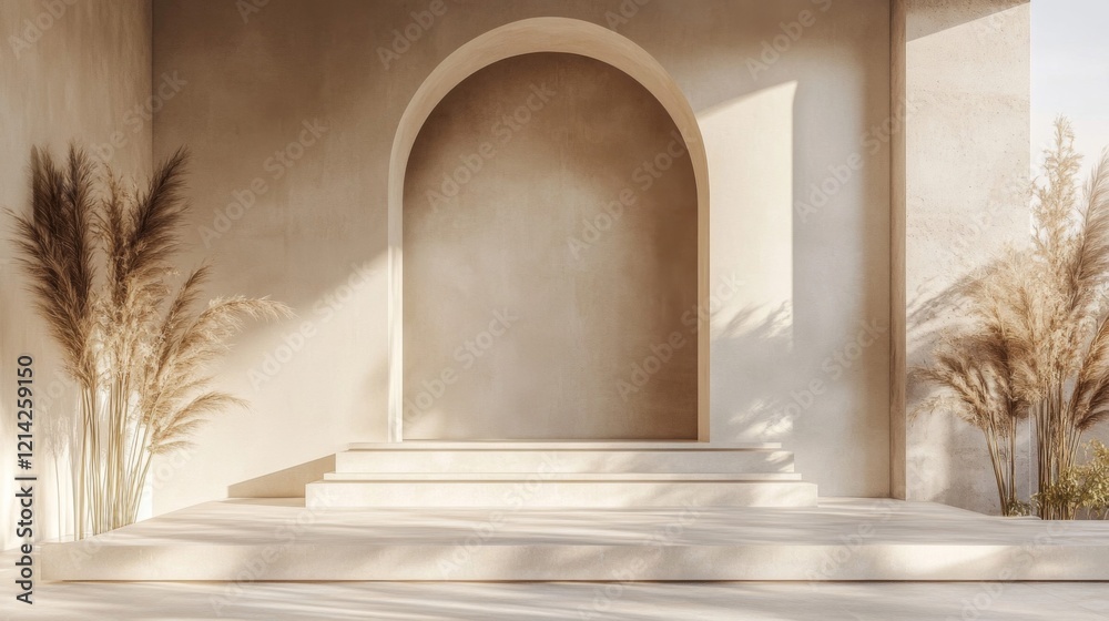 Sunlit Minimalist Archway with Beige Stone Steps and Pampas Grass Sunlit Minimalist Archway with Beige Stone Steps and Pampas Grass