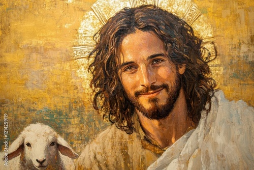 impressionistic portrait of jesus with gentle smile, golden light radiating, lion and lamb symbols subtly integrated in background