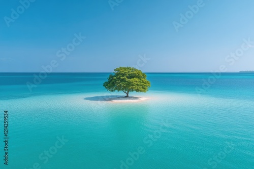 commercial photography for advertising campaign showcasing small tropical island surrounded by vivid blue water under