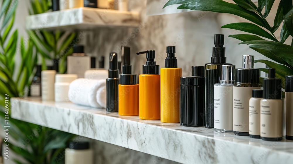 Vibrant cosmetic bottles and tubes neatly arranged on a marble bathroom shelf, ideal for spa relaxation card designs or wellness product promotions. Vibrant cosmetic bottles and tubes neatly arranged on a marble bathroom shelf, ideal for spa relaxation card designs or wellness product promotions.