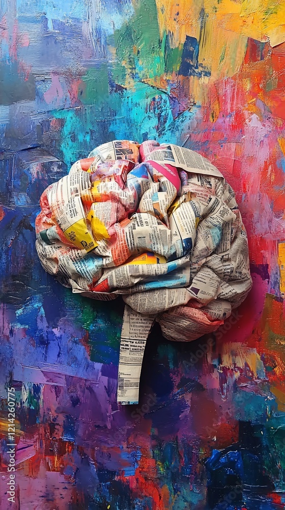 Fototapeta premium Colorful brain made of crumpled newspaper on vibrant painted background.