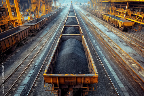 Coal loading station at night with illuminated trains, industrial railway yard in operation. photo