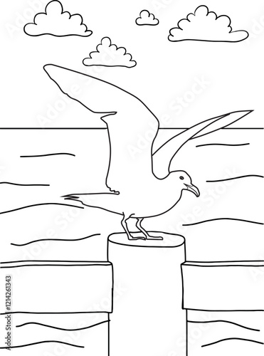 Vector illustration of Birds. A Seagull with a landscape as the background. Creativity coloring book for children