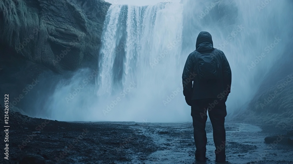 Obraz premium Man admires Icelandic waterfall, misty background, travel photography