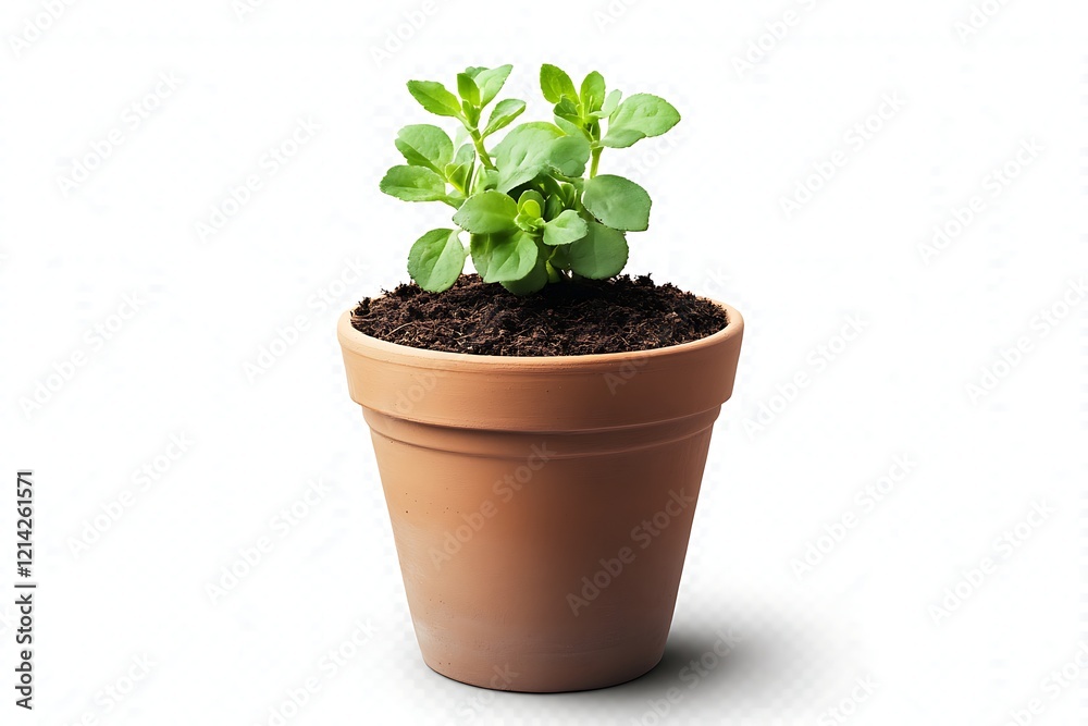Fresh Green Plant Growing in Terracotta Pot with Soil Fresh Green Plant Growing in Terracotta Pot with Soil