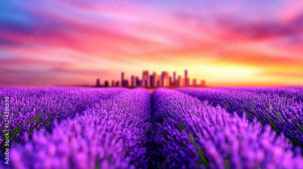 Fototapeta premium Vibrant Lavender Field at Sunset with City Skyline in the Background