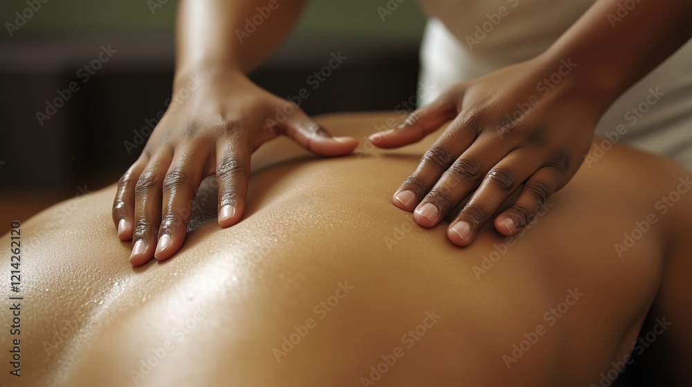 Closeup of an African American person receiving a back massage at a spa. Massage therapist. Skin. Touch. Hands massaging the back of a black woman receiving a massage in a spa salon Closeup of an African American person receiving a back massage at a spa. Massage therapist. Skin. Touch. Hands massaging the back of a black woman receiving a massage in a spa salon