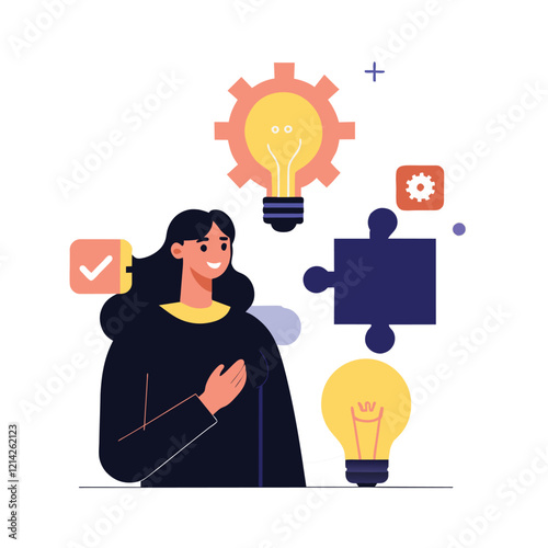 Woman with idea icons symbolizing creativity and problem solving