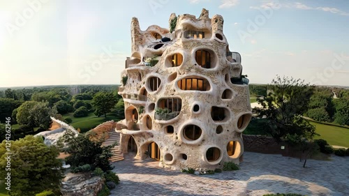 A uniquely designed building resembling natural rock formations with circular windows and balconies surrounded by greenery.