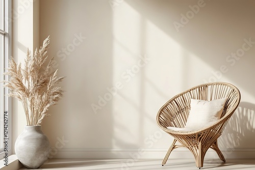 Empty beige wall mockup in boho room interior with wicker