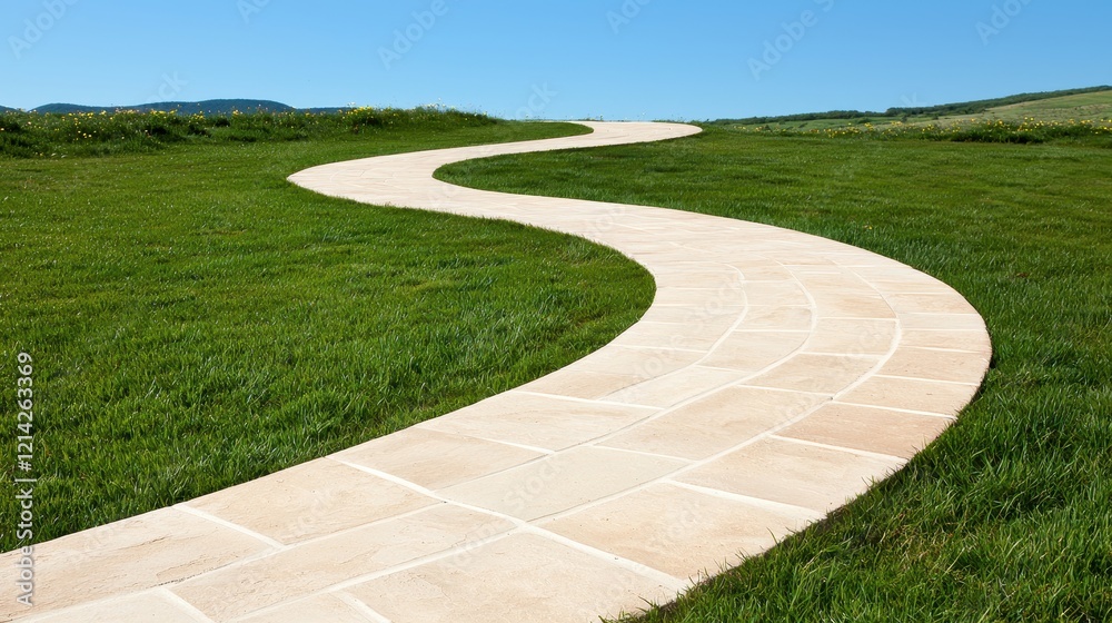 Obraz premium Winding Stone Path Through Lush Green Grassy Landscape Serene Outdoor Scene