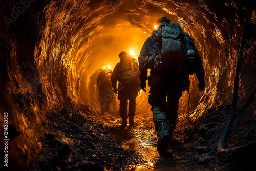 Group of miners walking in illuminated underground tunnel with glowing walls photo