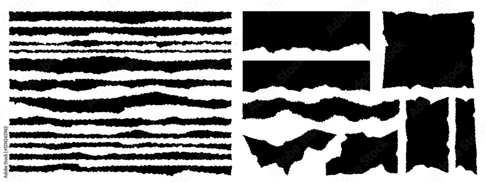 Collection of ripped paper, jagged edge pieces, torn paper stripes, frames vector illustration