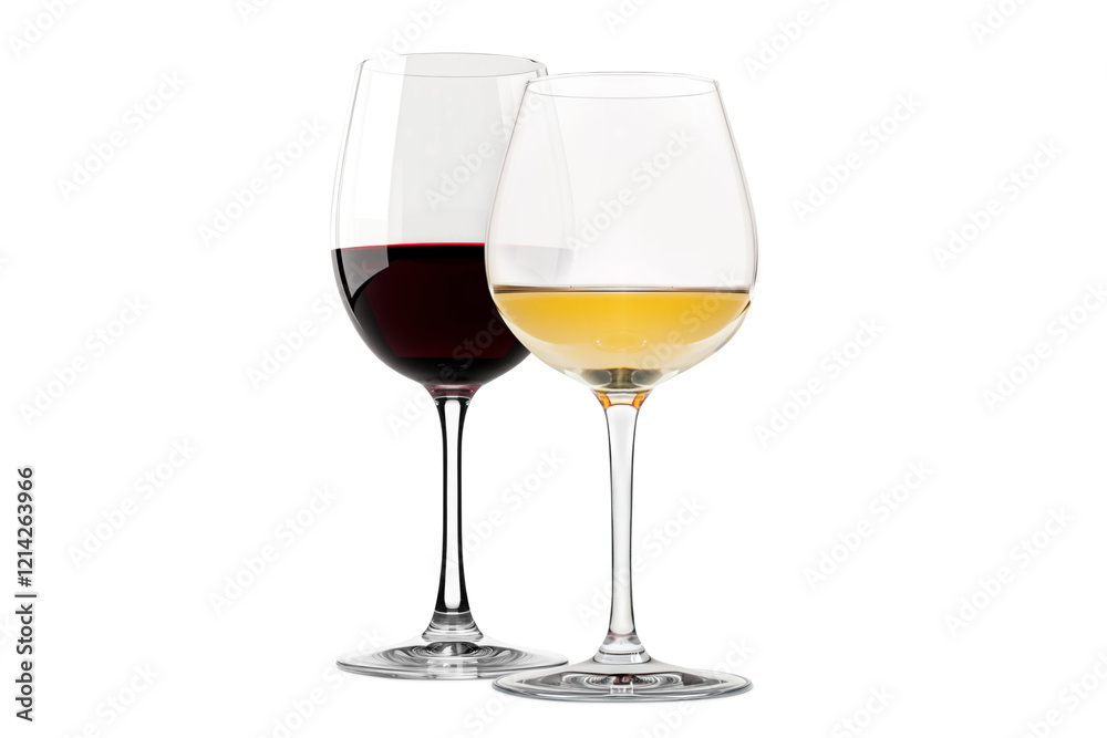 Set of red and white wine glasses isolated on white background. Rose wine splashing in glassware. Set of red and white wine glasses isolated on white background. Rose wine splashing in glassware.