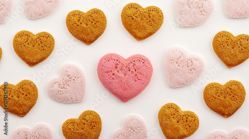 Lace heart motifs in pink and gold on white background