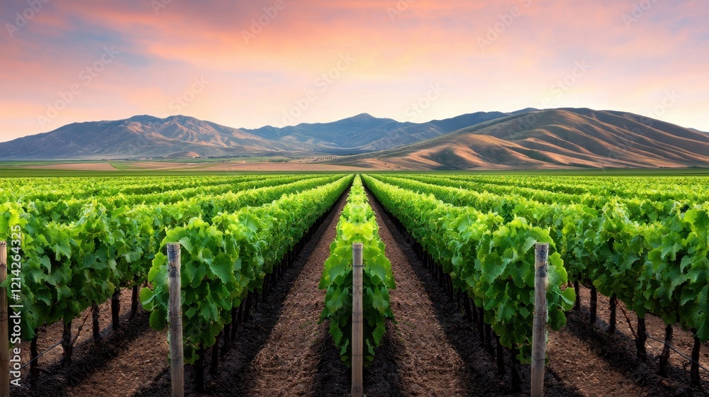 Fototapeta premium Lush Green Vineyard Rows at Sunset Mountain Landscape Wine Country