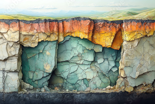 Detailed geological illustration of underground rock layers and stratification process photo