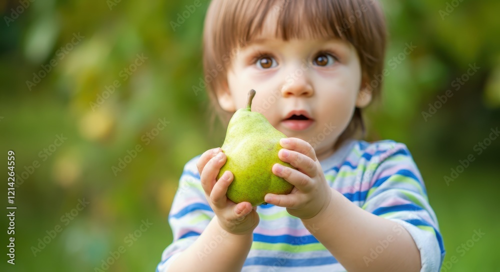 Young caucasian child holding pear outdoors in striped shirt Young caucasian child holding pear outdoors in striped shirt