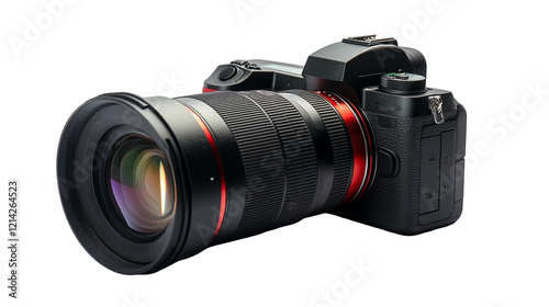 Isolated digital SLR camera with lens for professional photography against a transparent background