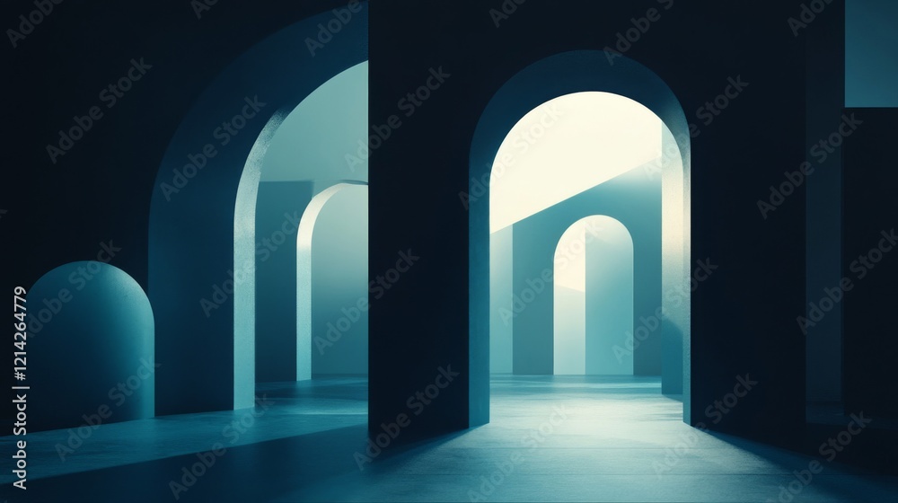 Fototapeta premium Abstract Blue Architectural Composition with Arched Pathways and Mysterious Lighting