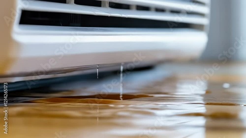 Air conditioning unit leaking water on hardwood floor causing potential damage and hazards