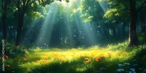 Sunlit forest glade with wildflowers.