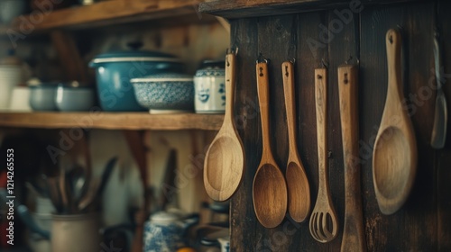 Rustic wooden spoons hanging on a wall in a kitchen with vintage cookware.