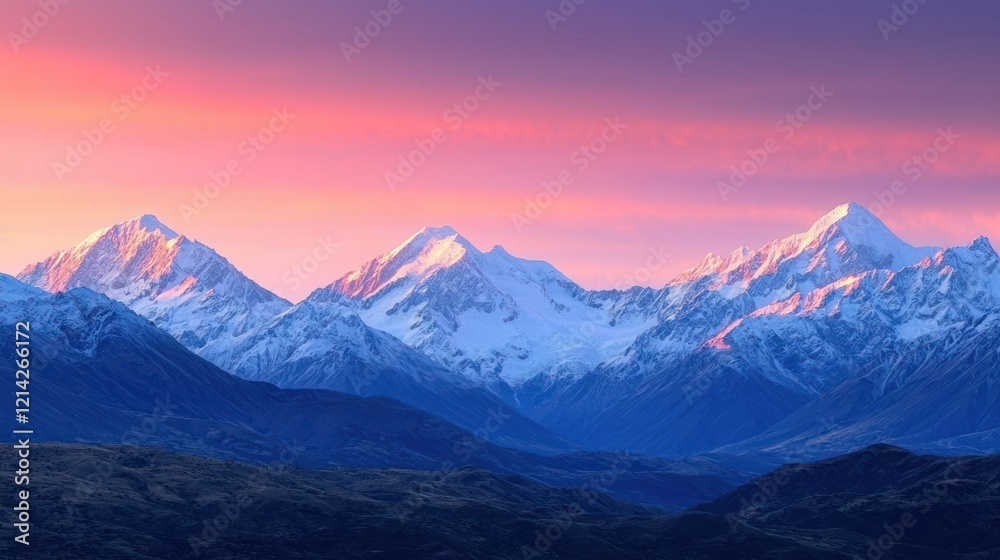 Fototapeta premium A vast mountain range with snow-capped peaks under a glowing sunrise, evoking a sense of natural wonder