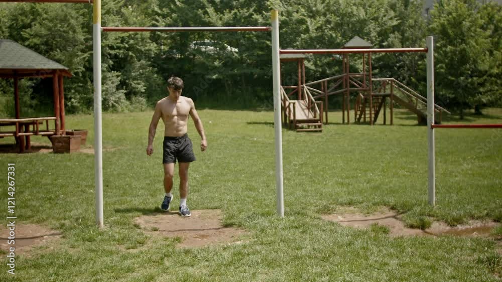 A young muscular man exercises outdoors by doing a front lever on the pull-up bar. He demonstrates strength, fitness, and athleticism during his outdoor workout.