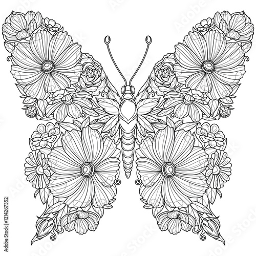 A butterfly made of flowers.Coloring book antistress for children and adults. 