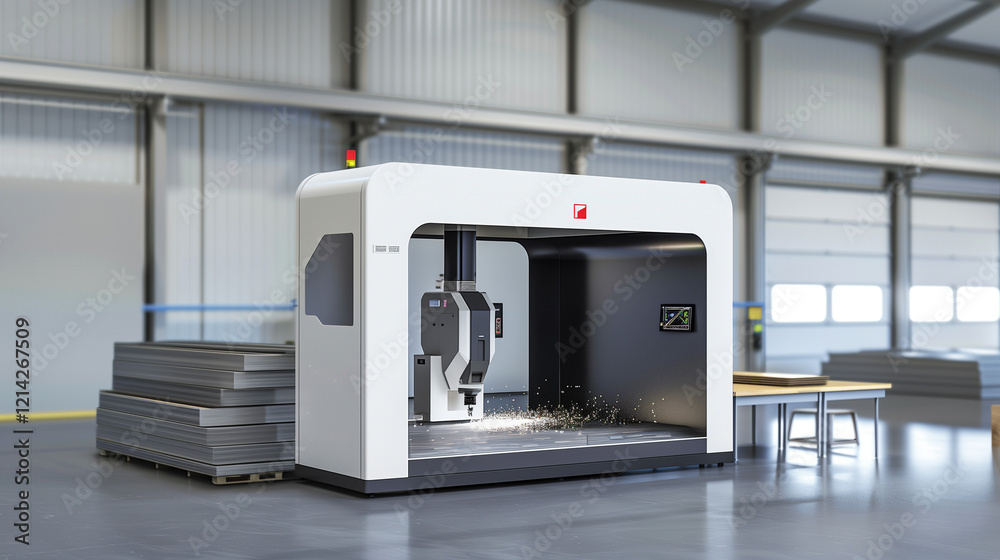 High-speed laser welding and cutting machine in operation with sparks flying, metal sheet on the table. High-speed laser welding and cutting machine in operation with sparks flying, metal sheet on the table.