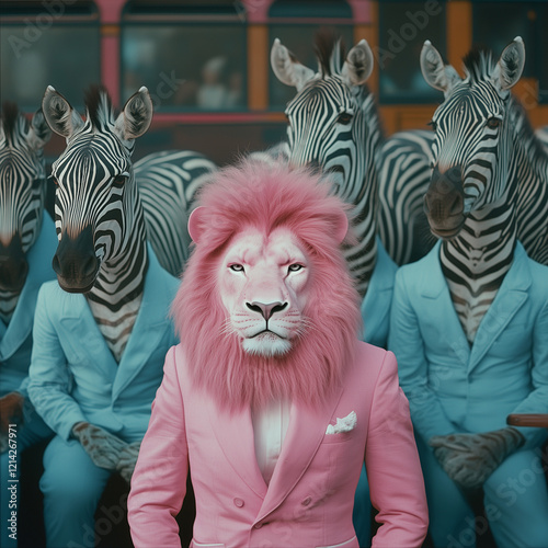 Portrait of pink lion in suit standing with zebras