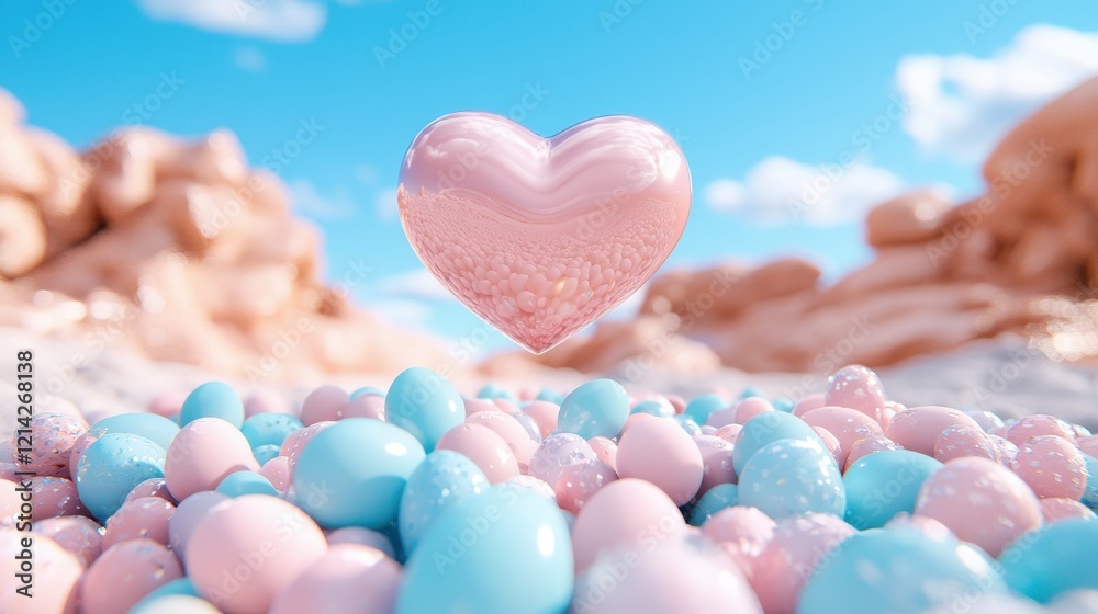 Obraz premium Pastel Pink Heart Above Sparkling Blue and Pink Easter Eggs Spring Scene