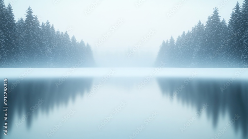 Fototapeta premium commercial photography for advertising campaign showcasing frosty lake surrounded by pine trees and snow with blurred