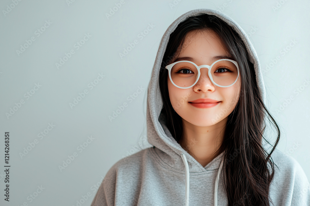 smile, portrait of the face of an asian woman with hoodies and white glasses. glasses, eyes, oculist, sight smile, portrait of the face of an asian woman with hoodies and white glasses. glasses, eyes, oculist, sight