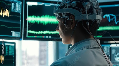 Neuroscience Experiment: Man Wearing EEG Headset Analyzing Brain Waves