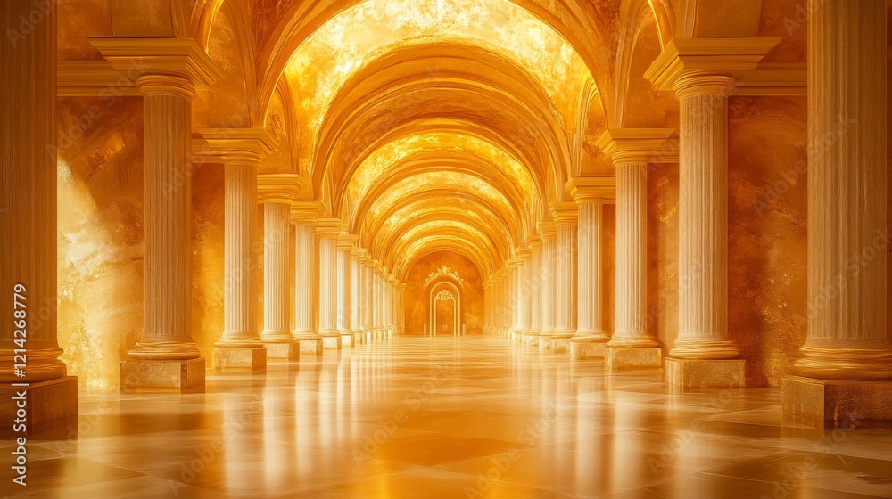 Golden Palace Hallway with Marble Columns and Gilded Arches Golden Palace Hallway with Marble Columns and Gilded Arches