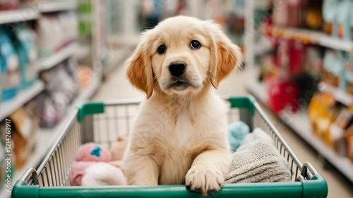 Cute puppy enjoys a shopping trip in a pet supply store
