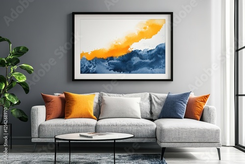 Horizontal picture frame mock up in modern living room interior