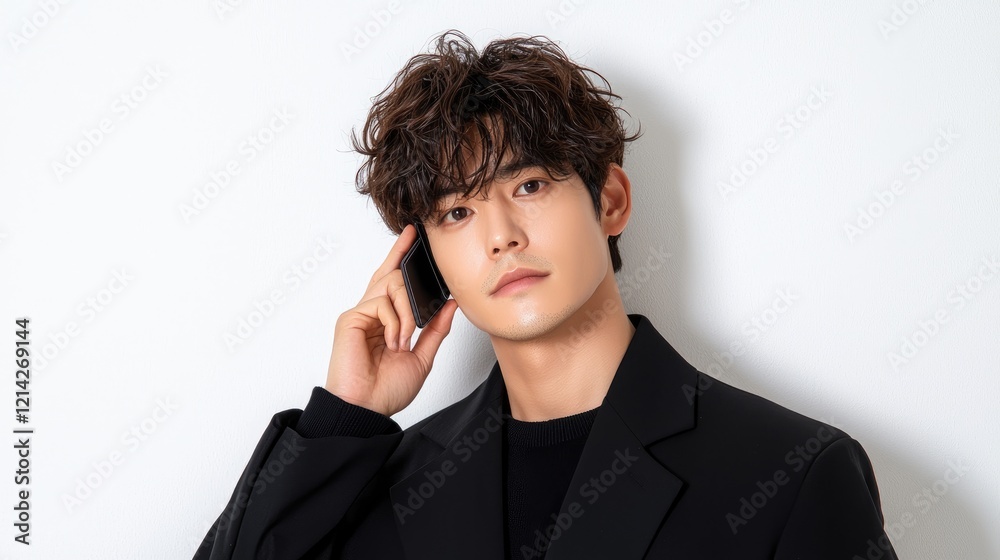 Man on phone, serious expression, white background, studio shot, professional portrait Man on phone, serious expression, white background, studio shot, professional portrait