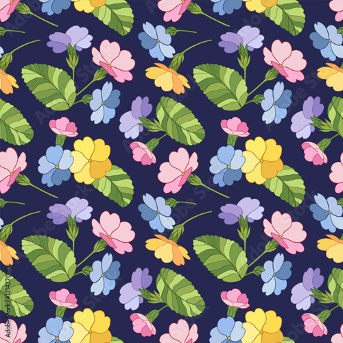 Vector seamless pattern with primrose flowers