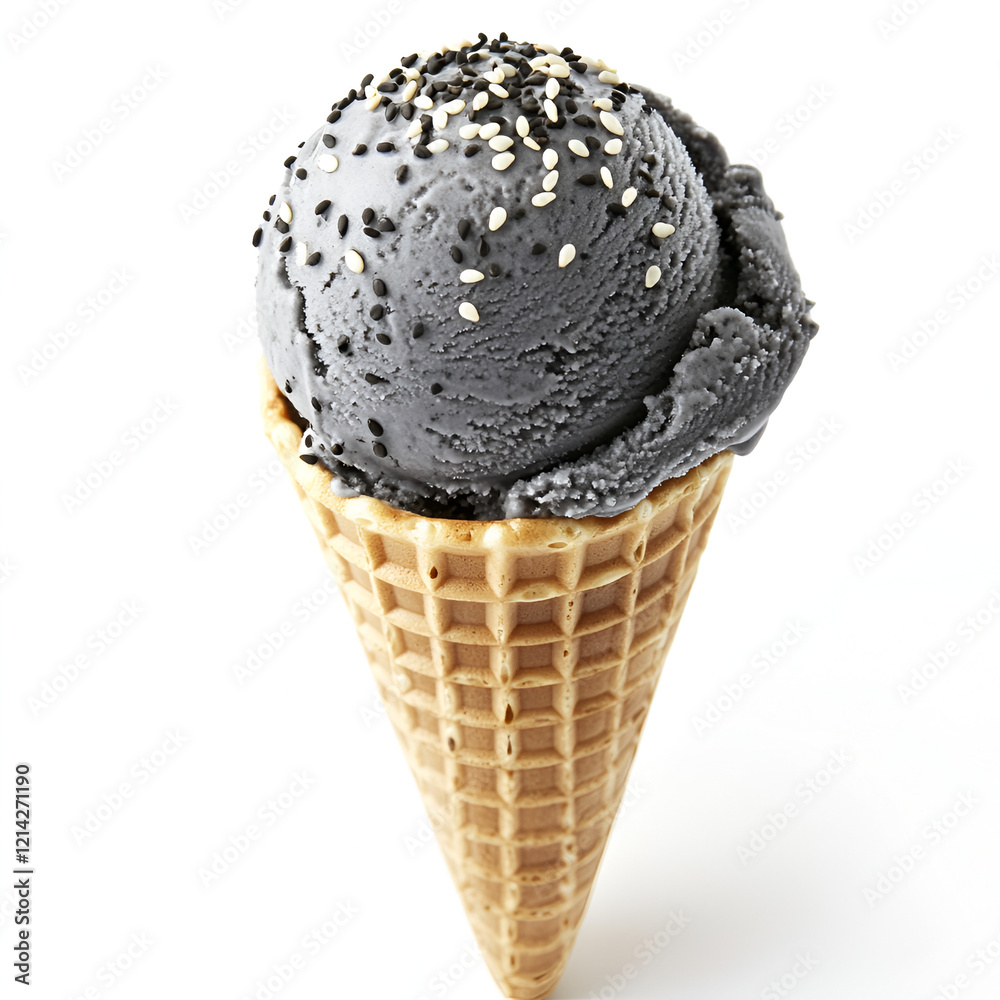Dark-colored ice cream in a waffle cone, topped with sesame seeds. A delicious summer treat! Dark-colored ice cream in a waffle cone, topped with sesame seeds. A delicious summer treat!