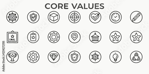 Core Values line icon set. Set of 21 outline icons related to core values, integrity, innovation, growth, goal, trust, teamwork, customers, ethics, motivation, vision and others. Vector illustration