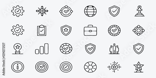 Core Values line icon set. Set of 24 outline icons related to core values, integrity, innovation, growth, goal, trust, teamwork, customers, ethics, motivation, vision and others. Vector illustration