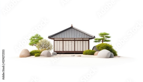 Tranquil Japanese Garden with Traditional House Surrounded by Lush Greenery and Decorative Stones