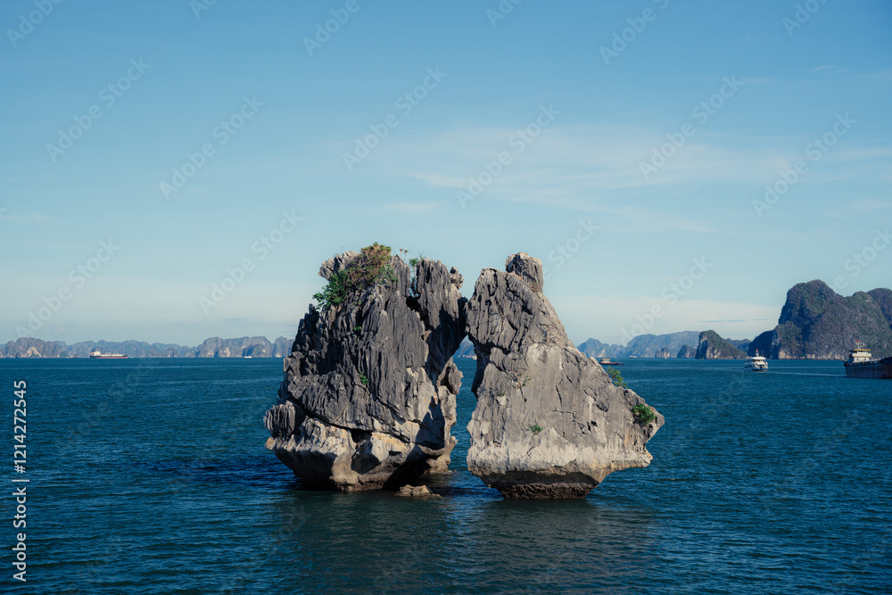 Fototapeta premium Amazing kissing chicken rock. One of the best iconic rock in Ha Long Bay, Vietnam. Perfect for background or travel wallpaper