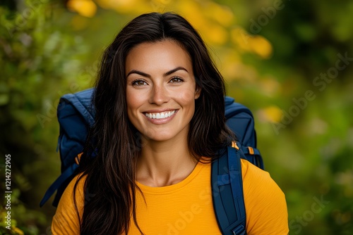 A confident brunette female hiker strolling through a scenic woodland path with her backpack. photo