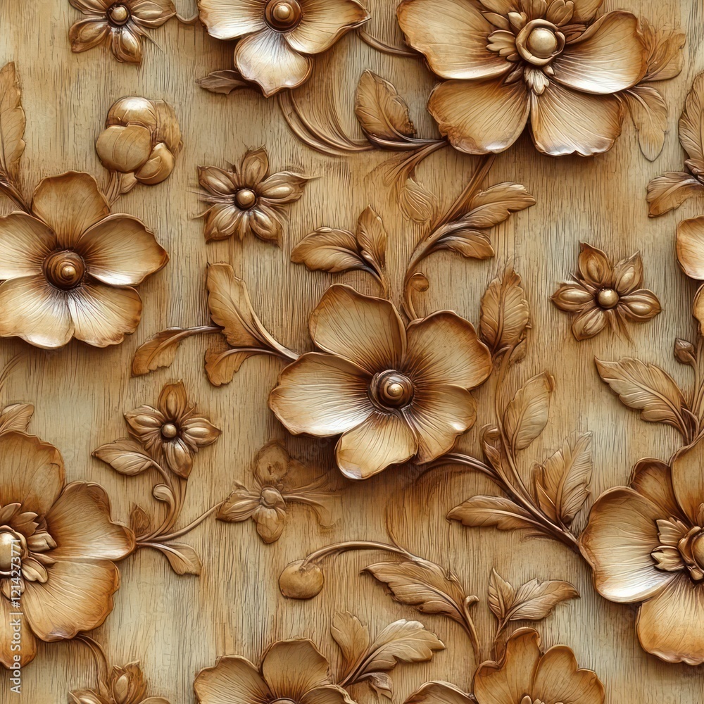 Seamless decorative wooden flowers pattern background Seamless decorative wooden flowers pattern background