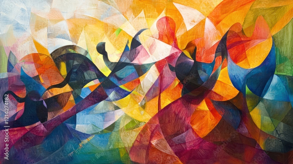 A vibrant painting with abstract figures and dynamic colors, representing modern art. A vibrant painting with abstract figures and dynamic colors, representing modern art.