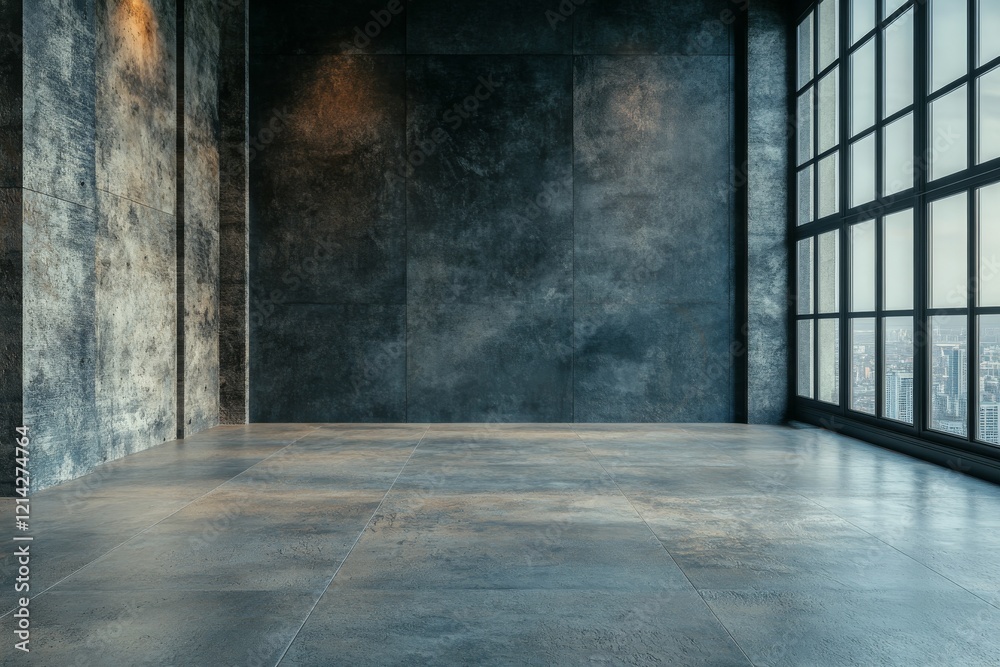An empty gallery characterized by its modern design, dark walls, ample windows, and spotless tile floors An empty gallery characterized by its modern design, dark walls, ample windows, and spotless tile floors